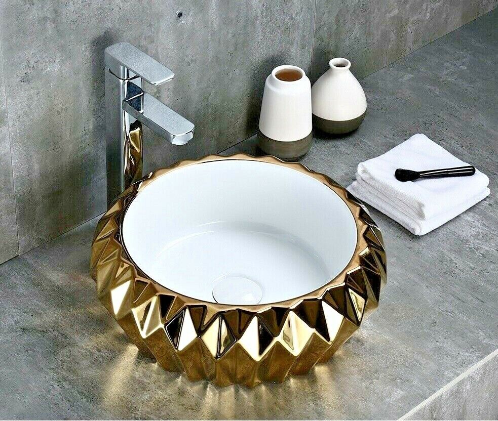 InArt Ceramic Round Shape Above Counter Top Wash Basin Bathroom Porcelain Vessel Sink Bowl For Lavatory/Bathroom 42 x 42 x 15.5 Cm (Gold White) - InArt-Studio-USA