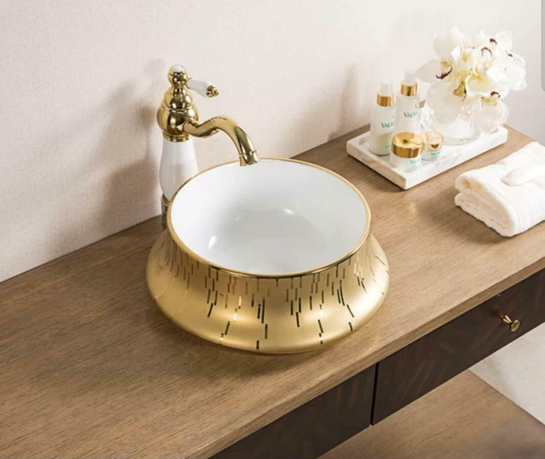 InArt Ceramic Round Shape Above Counter Top Wash Basin Bathroom Porcelain Vessel Sink Bowl For Lavatory/Bathroom 45 x 45 x 15 Cm ( Gold White) - InArt-Studio-USA
