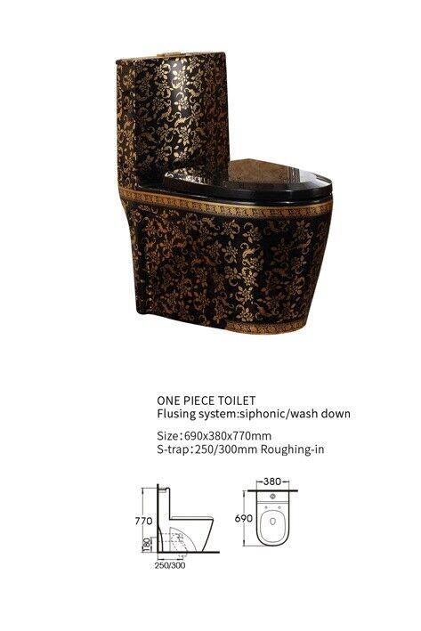 InArt Dual Flush One Piece Syphonic Elongated Toilet with Actuator Flush - Seat Included in Black Gold Color - InArt-Studio-USA