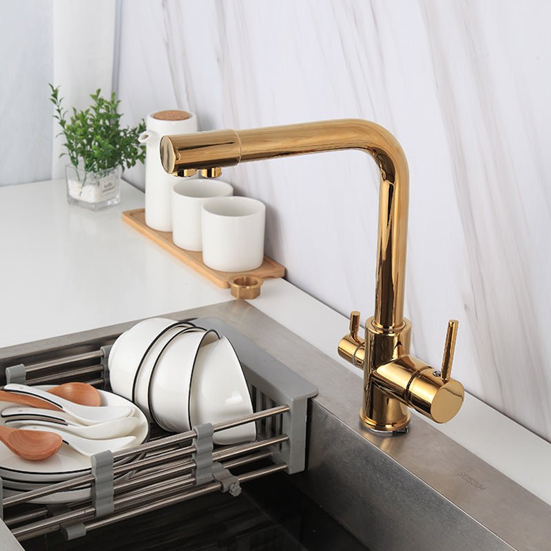 InArt Kitchen Sink Mixer Gold Finish Contemporary Kitchen Sink Faucet Brass Single Hole Dual Handle Kitchen Faucet with Water Filtering - InArt-Studio-USA