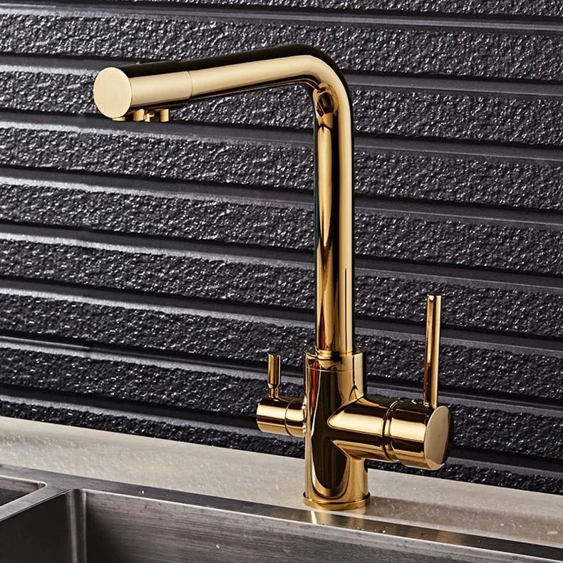 InArt Kitchen Sink Mixer Gold Finish Contemporary Kitchen Sink Faucet Brass Single Hole Dual Handle Kitchen Faucet with Water Filtering - InArt-Studio-USA