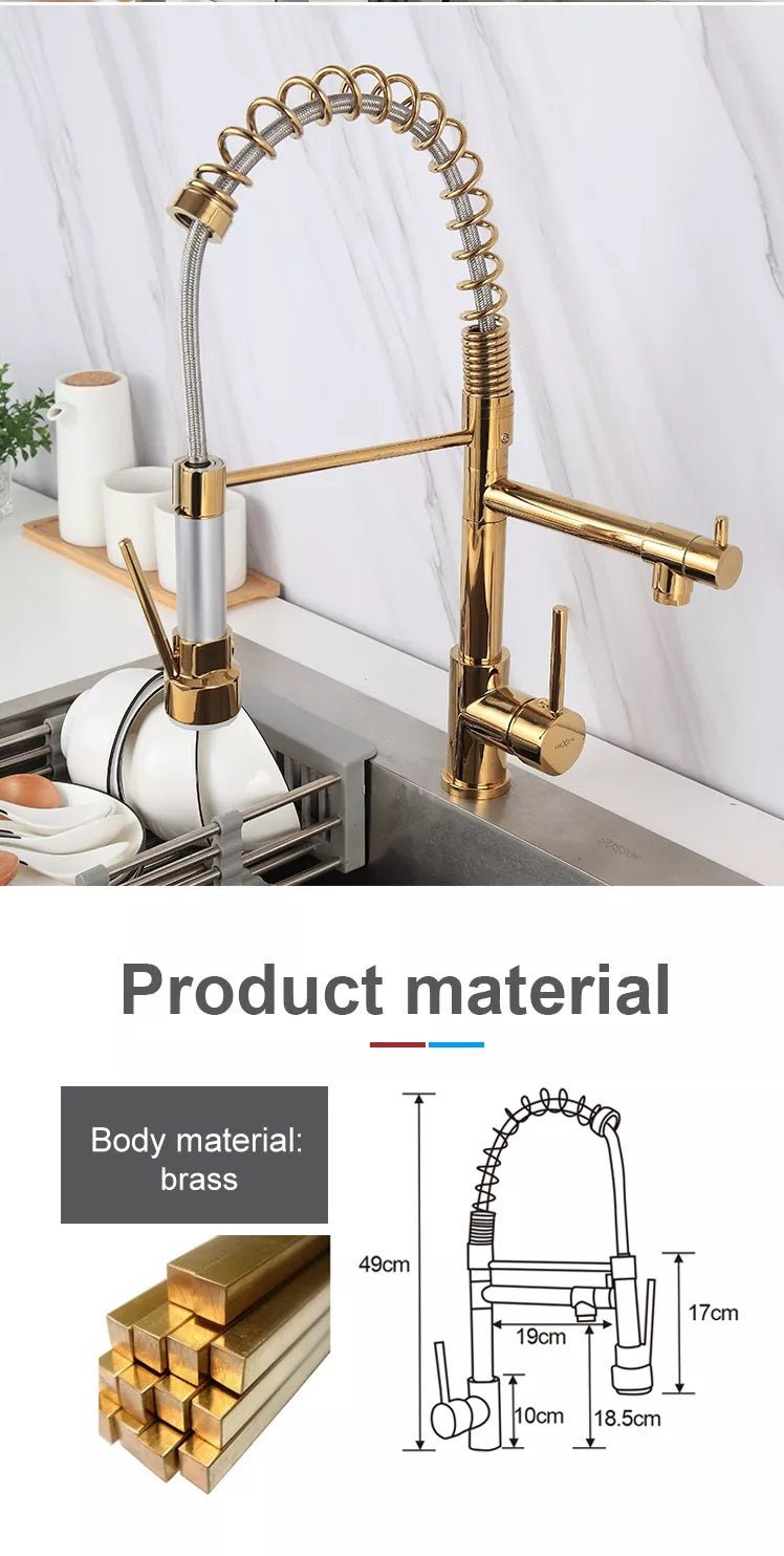 InArt Kitchen Sink Mixer Golden Finish Contemporary Kitchen Sink Pull Down Single Handle Kitchen Faucet with Multi-Function Spray Head - InArt-Studio-USA