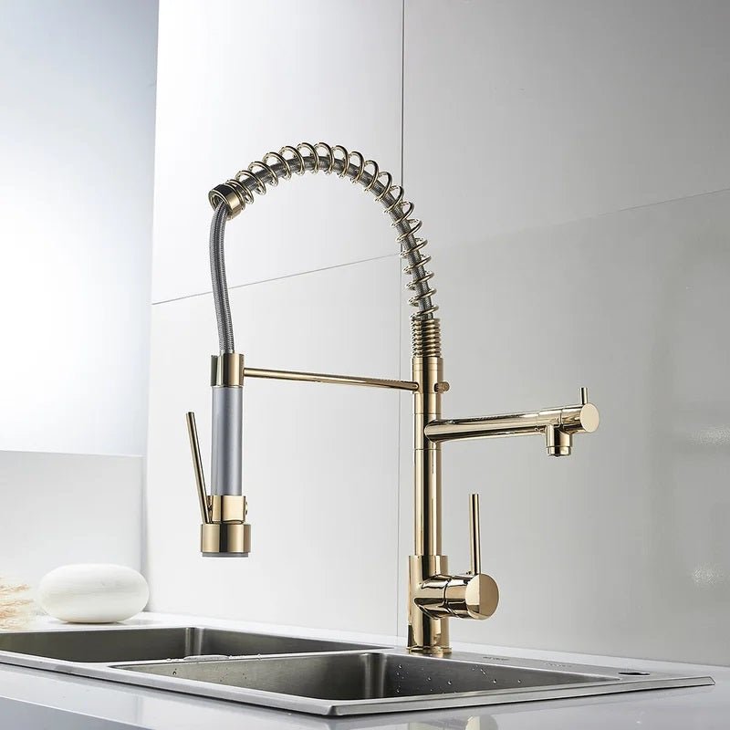 InArt Kitchen Sink Mixer Golden Finish Contemporary Kitchen Sink Pull Down Single Handle Kitchen Faucet with Multi-Function Spray Head - InArt-Studio-USA