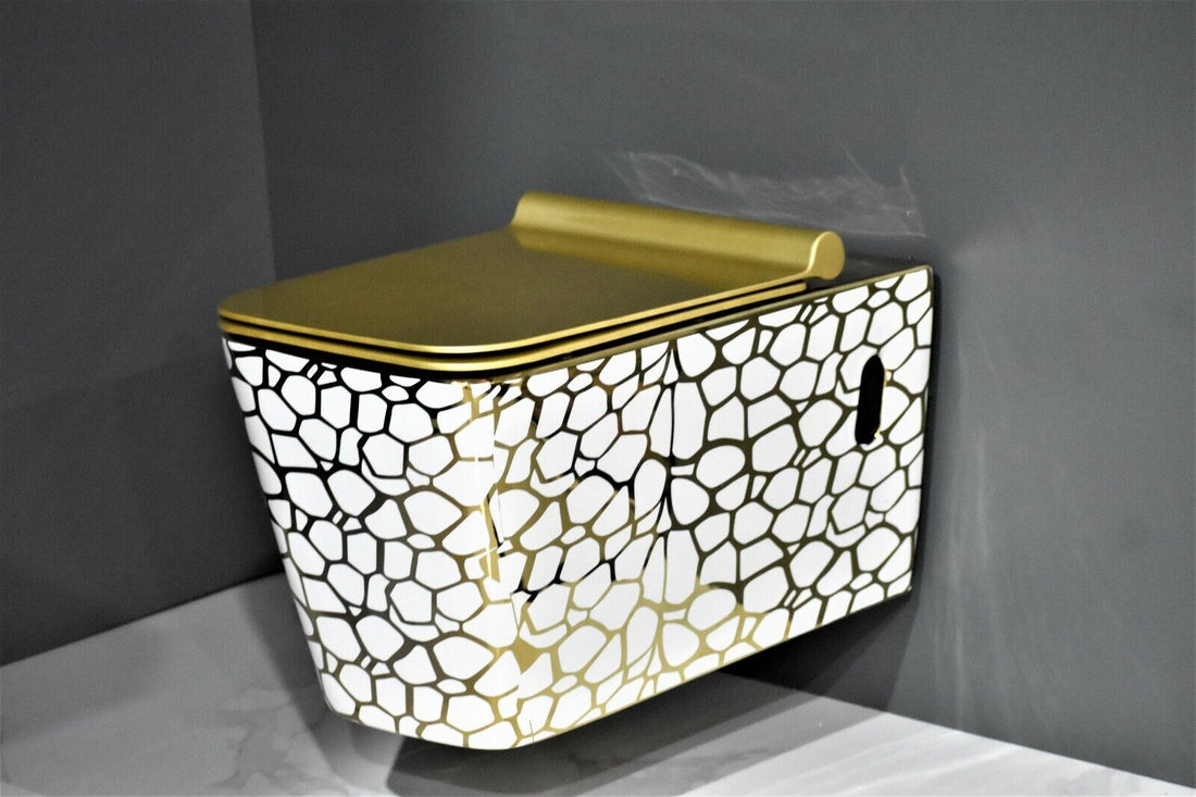 InArt Luxury Elongated Wall-Mount Toilet Rimless Flushing Ceramic - Seat Included in Gold Color - InArt-Studio-USA