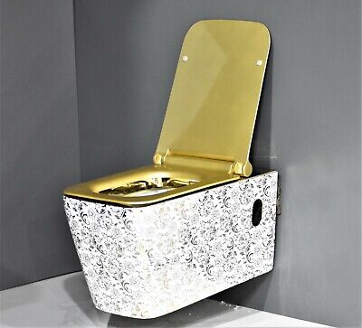 InArt Luxury Elongated Wall-Mount Toilet Rimless Flushing Ceramic - Seat Included in Gold White Color - InArt-Studio-USA