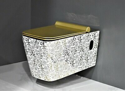 InArt Luxury Elongated Wall-Mount Toilet Rimless Flushing Ceramic - Seat Included in Gold White Color - InArt-Studio-USA