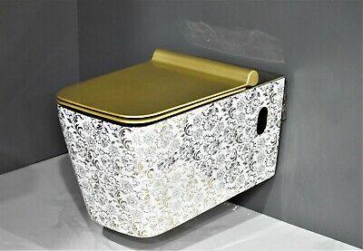 InArt Luxury Elongated Wall-Mount Toilet Rimless Flushing Ceramic - Seat Included in Gold White Color - InArt-Studio-USA