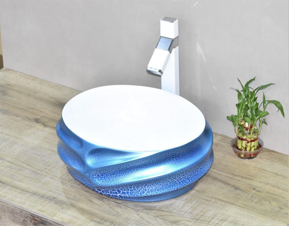 InArt Oval Bathroom Ceramic Vessel Sink Art Basin in Blue White Color - InArt-Studio-USA