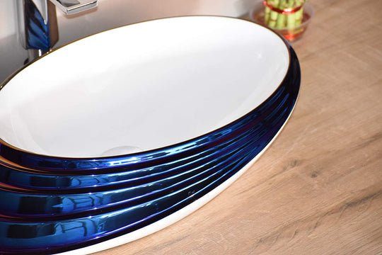 InArt Oval Bathroom Ceramic Vessel Sink Art Basin in Blue White Color - InArt-Studio-USA