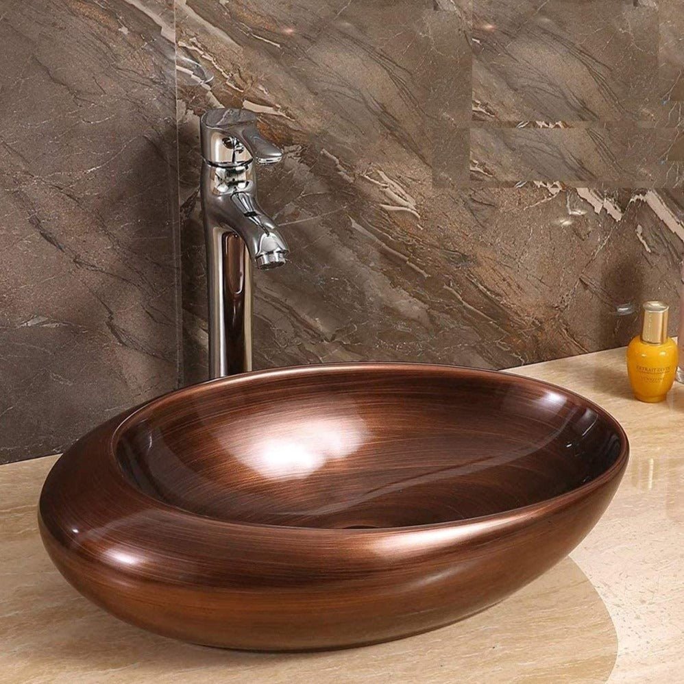 InArt Oval Bathroom Ceramic Vessel Sink Art Basin in Copper Color - InArt-Studio-USA
