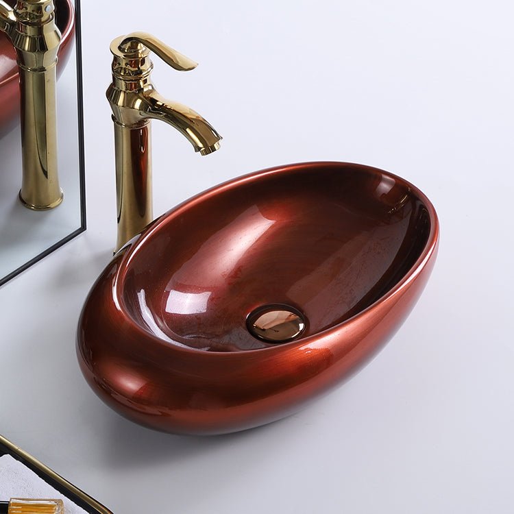 InArt Oval Bathroom Ceramic Vessel Sink Art Basin in Copper Color - InArt-Studio-USA