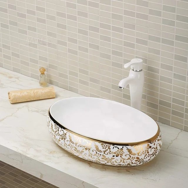 InArt Oval Bathroom Ceramic Vessel Sink Art Basin in Gold Color - InArt-Studio-USA
