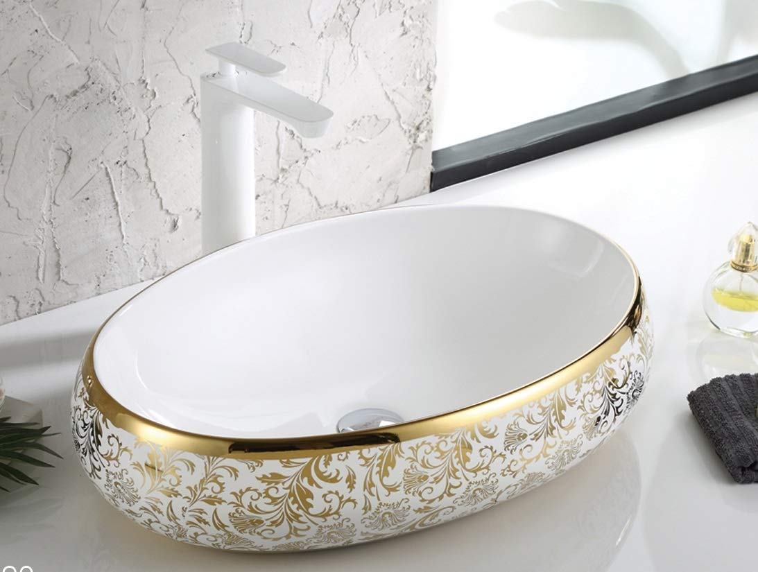 InArt Oval Bathroom Ceramic Vessel Sink Art Basin in Gold Color - InArt-Studio-USA
