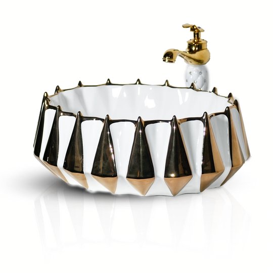 InArt Oval Bathroom Ceramic Vessel Sink Art Basin in Gold White Color - InArt-Studio-USA