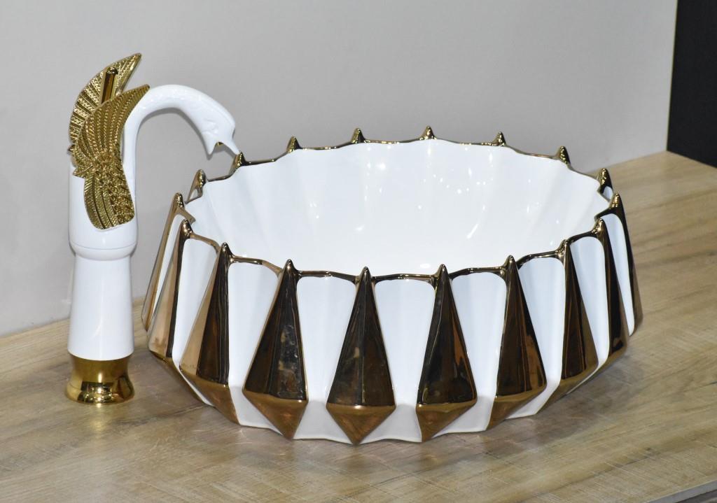 InArt Oval Bathroom Ceramic Vessel Sink Art Basin in Gold White Color - InArt-Studio-USA
