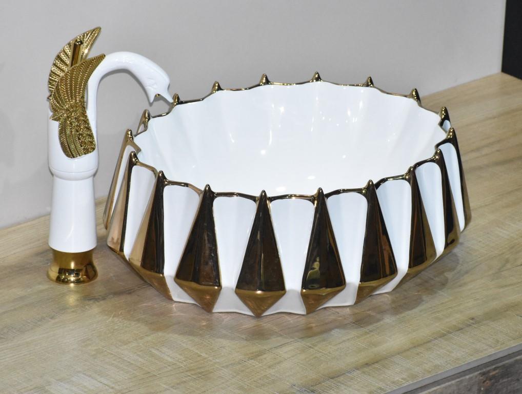 InArt Oval Bathroom Ceramic Vessel Sink Art Basin in Gold White Color - InArt-Studio-USA