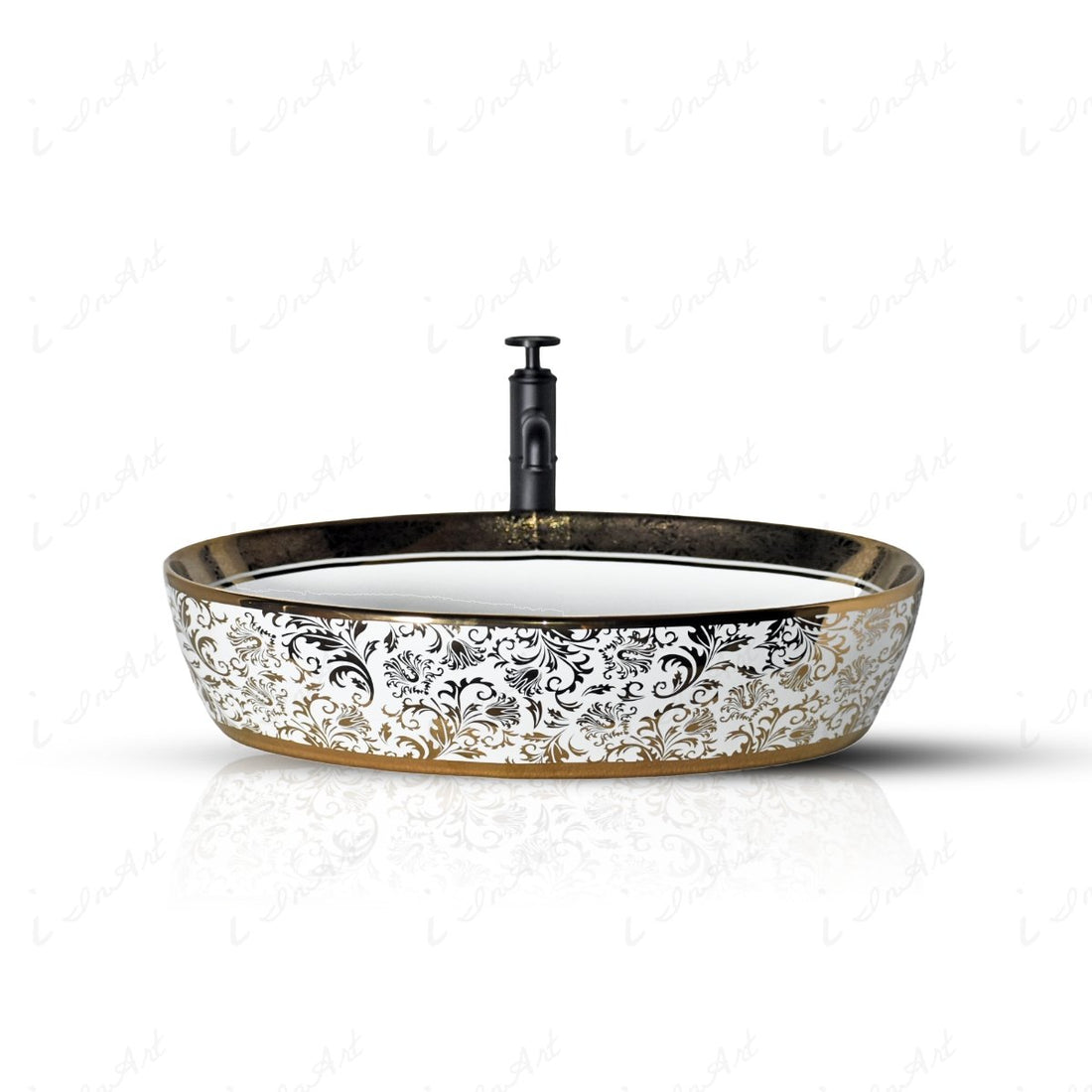 InArt Oval Bathroom Ceramic Vessel Sink Art Basin in Gold White Color - InArt-Studio-USA