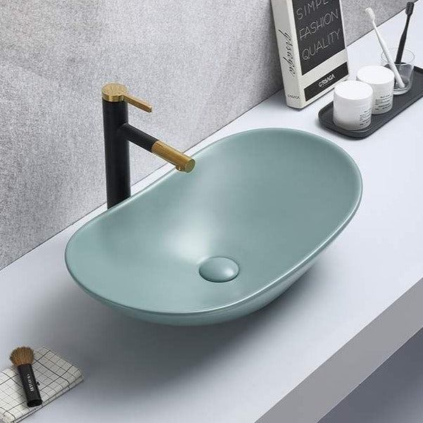 InArt Oval Bathroom Ceramic Vessel Sink Art Basin in Green Matt Color - InArt-Studio-USA