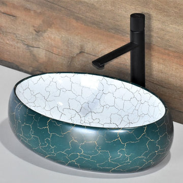 InArt Oval Bathroom Ceramic Vessel Sink Art Basin in Green White Marble Color - InArt-Studio-USA