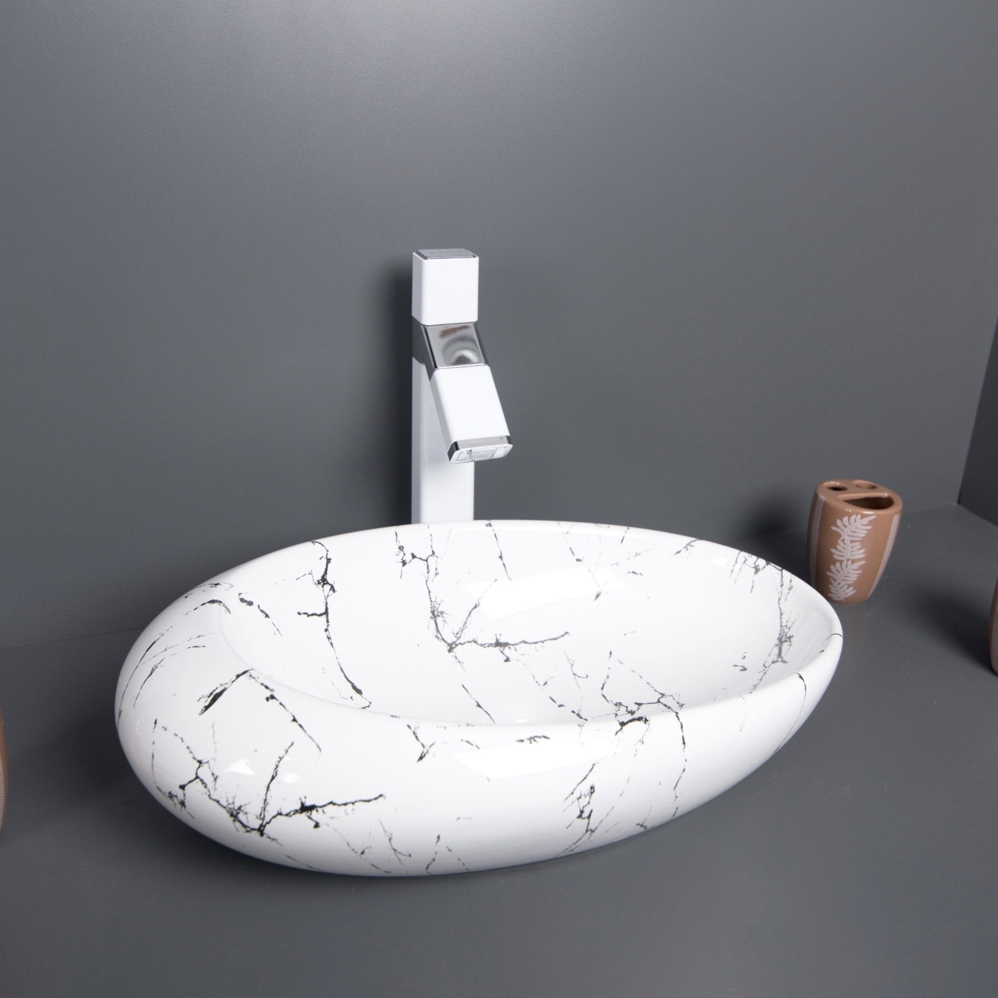 InArt Oval Bathroom Ceramic Vessel Sink Art Basin in Marble Color - InArt-Studio-USA