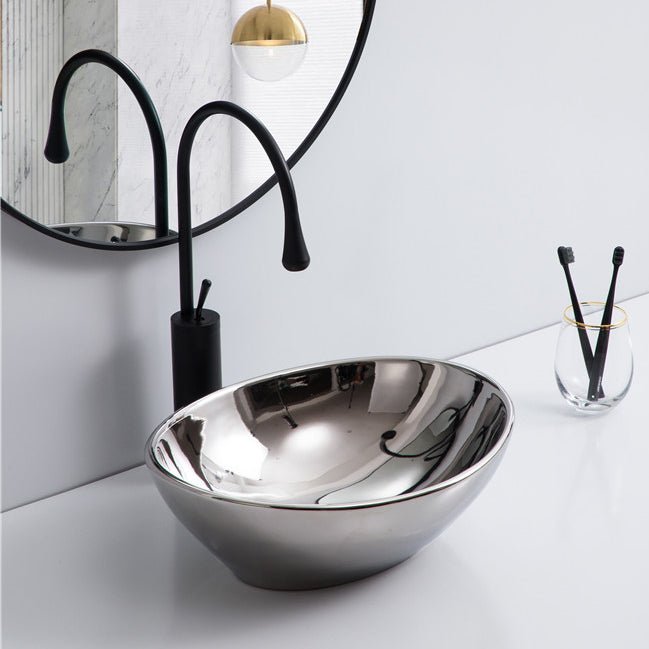 InArt Oval Bathroom Ceramic Vessel Sink Art Basin in Silver Color - InArt-Studio-USA