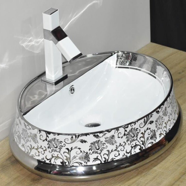 InArt Oval Bathroom Ceramic Vessel Sink Art Basin in Silver White Color - InArt-Studio-USA