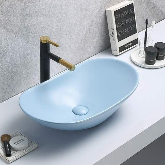 InArt Oval Bathroom Ceramic Vessel Sink Art Basin in Sky Blue Matt Color - InArt-Studio-USA