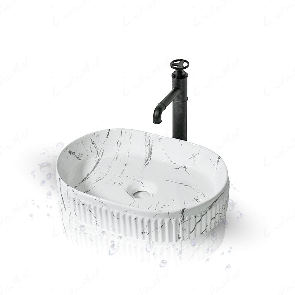 InArt Oval Bathroom Ceramic Vessel Sink Art Basin in White Grey Marble Color - InArt-Studio-USA
