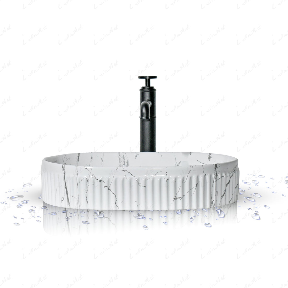 InArt Oval Bathroom Ceramic Vessel Sink Art Basin in White Grey Marble Color - InArt-Studio-USA