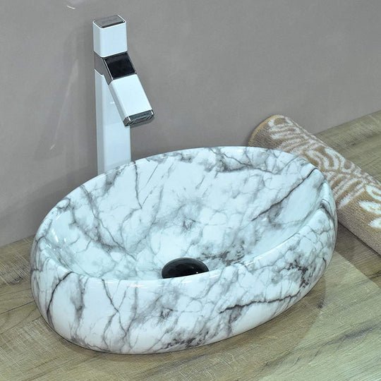 InArt Oval Bathroom Ceramic Vessel Sink Art Basin in White Marble Color - InArt-Studio-USA