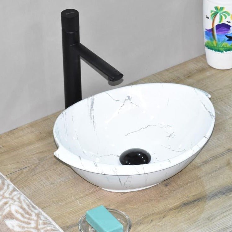 InArt Oval Bathroom Ceramic Vessel Sink Art Basin in White Marble Color - InArt-Studio-USA