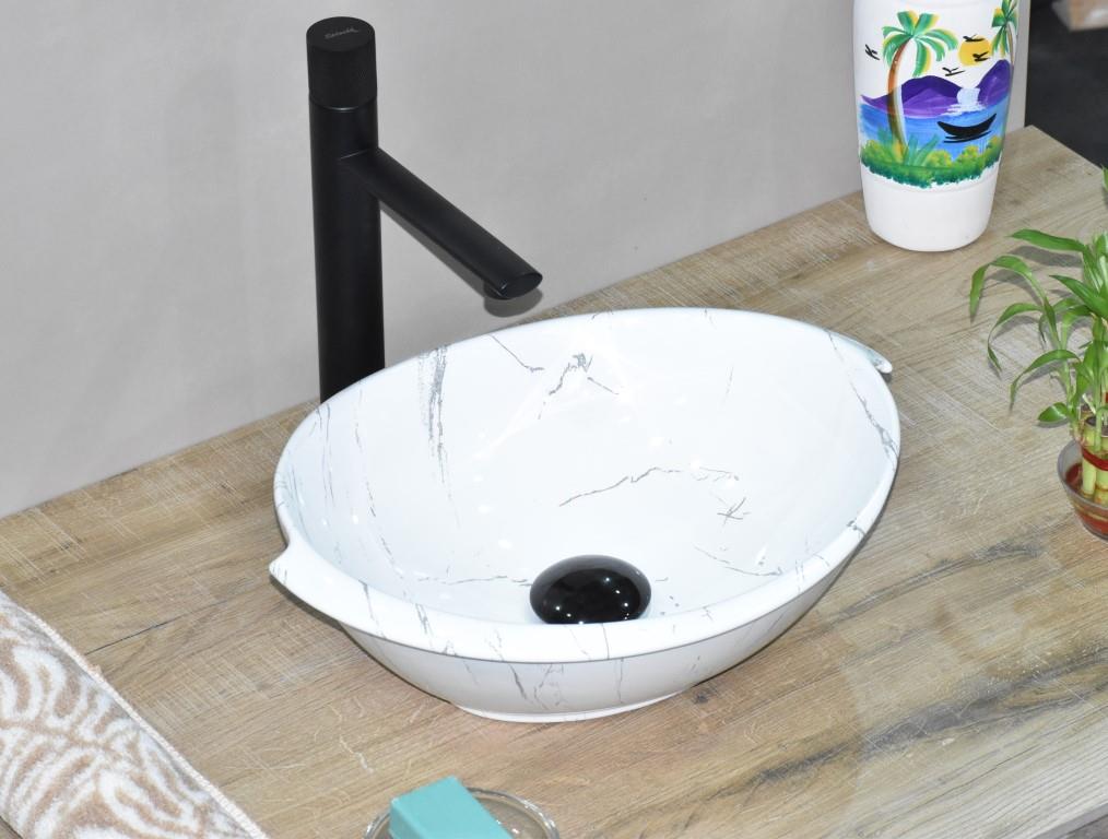InArt Oval Bathroom Ceramic Vessel Sink Art Basin in White Marble Color - InArt-Studio-USA