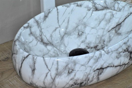 InArt Oval Bathroom Ceramic Vessel Sink Art Basin in White Marble Color - InArt-Studio-USA