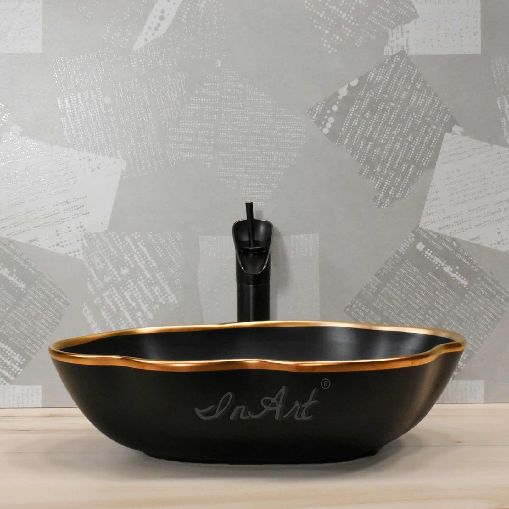 InArt Oval Matt Black Gold Color Bathroom Ceramic Vessel Sink Art Basin 50 x 38 CM - InArt-Studio-USA