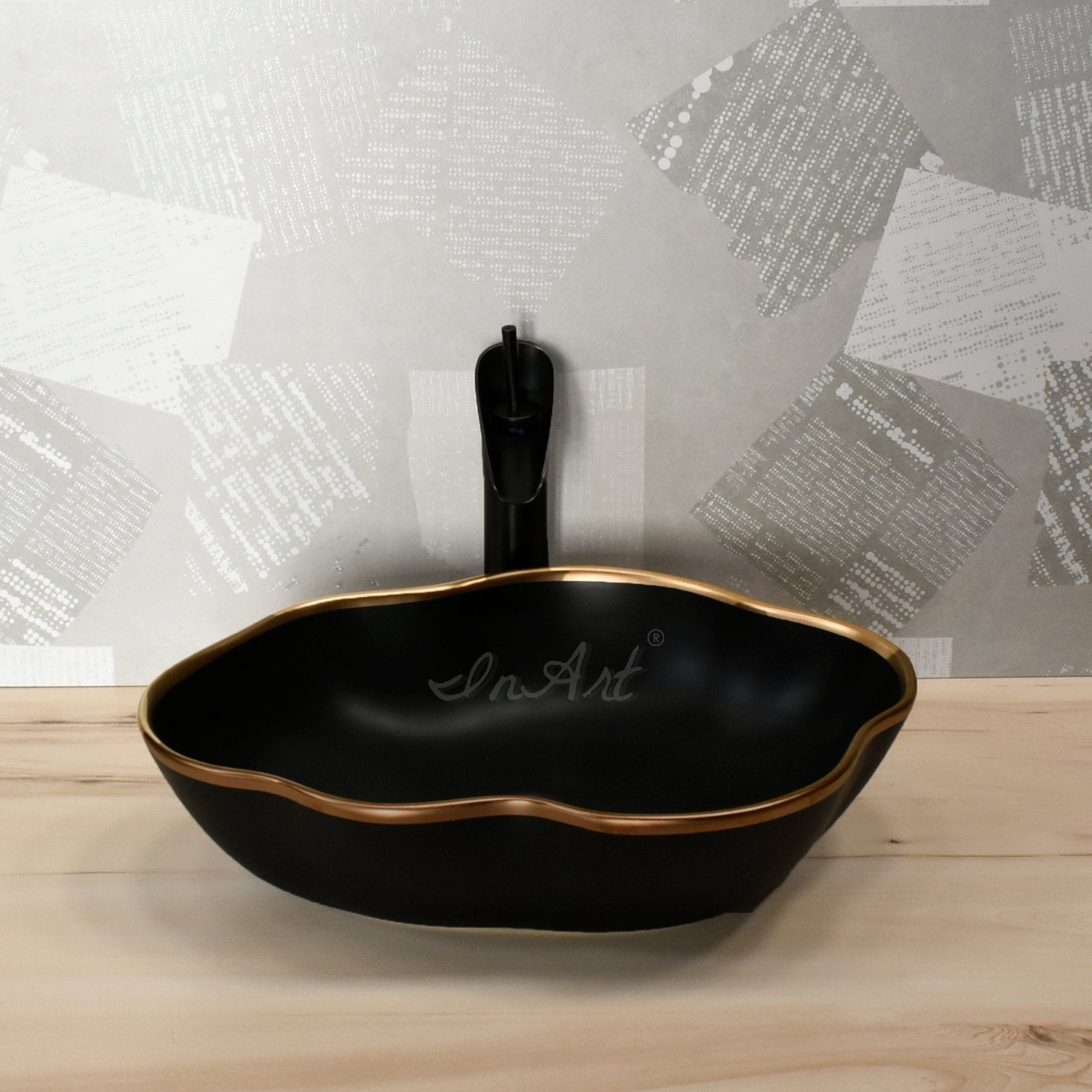 InArt Oval Matt Black Gold Color Bathroom Ceramic Vessel Sink Art Basin 50 x 38 CM - InArt-Studio-USA