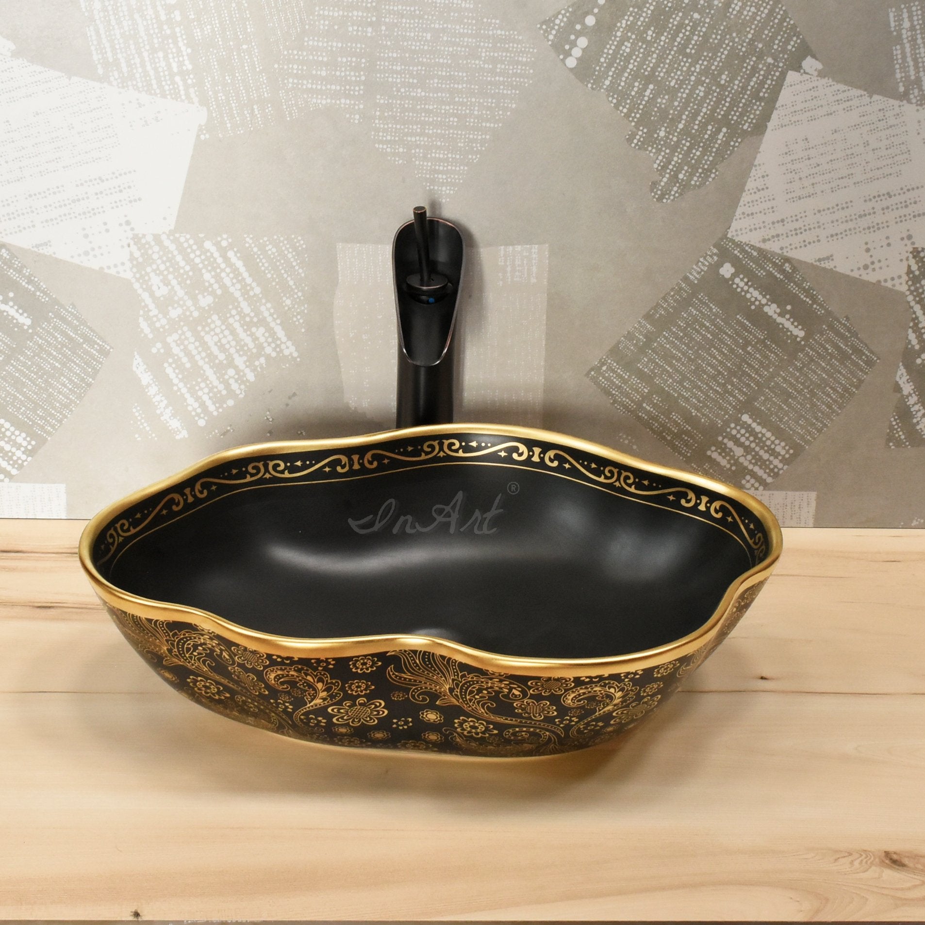InArt Oval Matt Black Golden Color Bathroom Ceramic Vessel Sink Art Basin 50 x 38 CM - InArt-Studio-USA