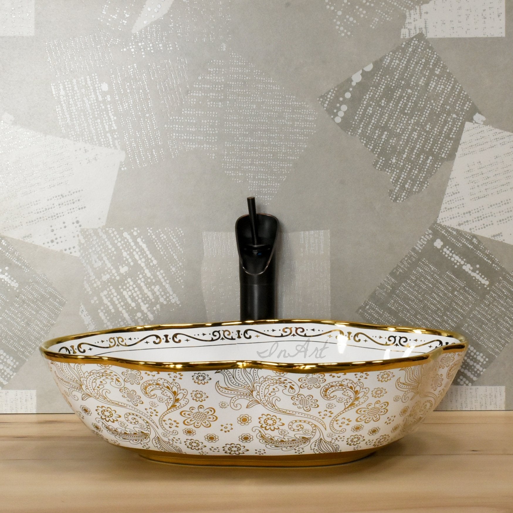 InArt Oval White Gold Color Bathroom Ceramic Vessel Sink Art Basin 50 x 38 CM - InArt-Studio-USA