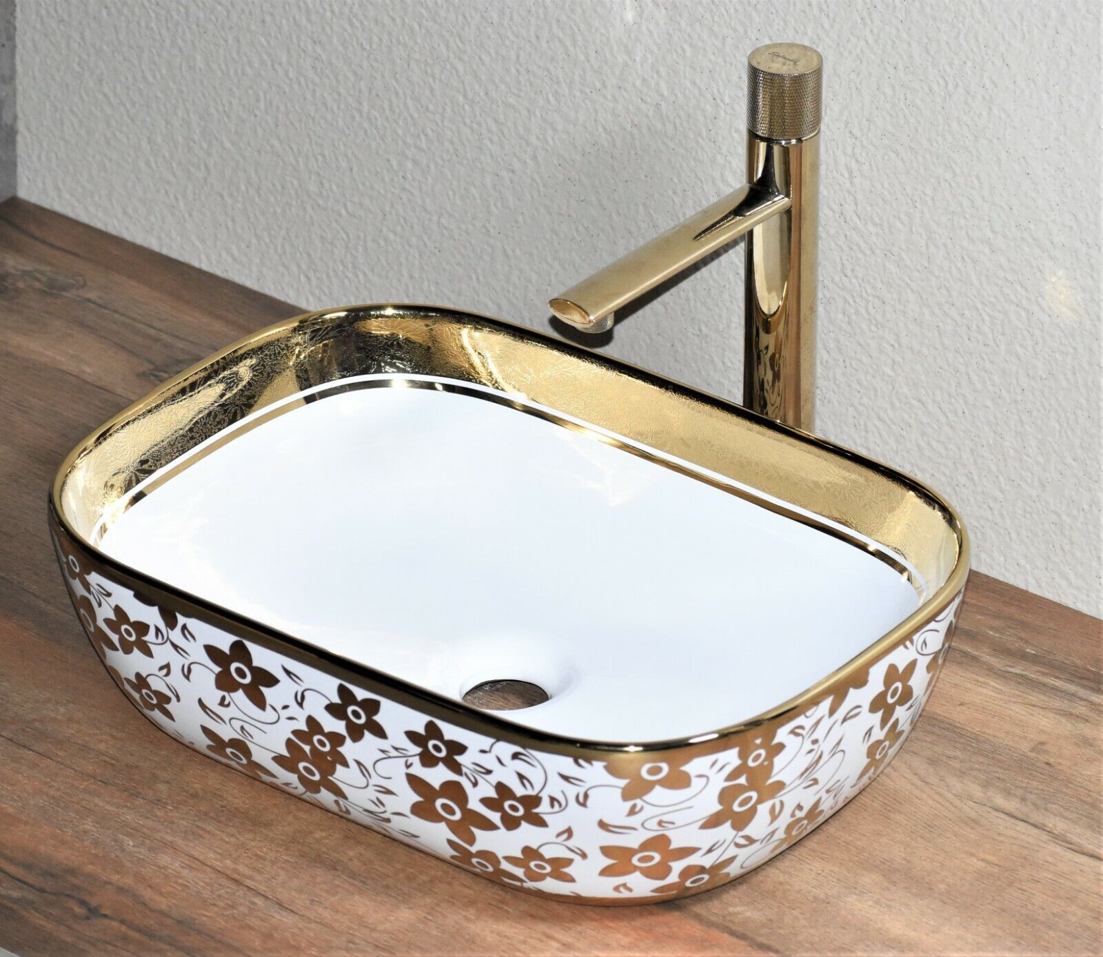 InArt Rectangle Bathroom Ceramic Vessel Sink Art Basin Gold White 46 x 33 CM - InArt-Studio-USA