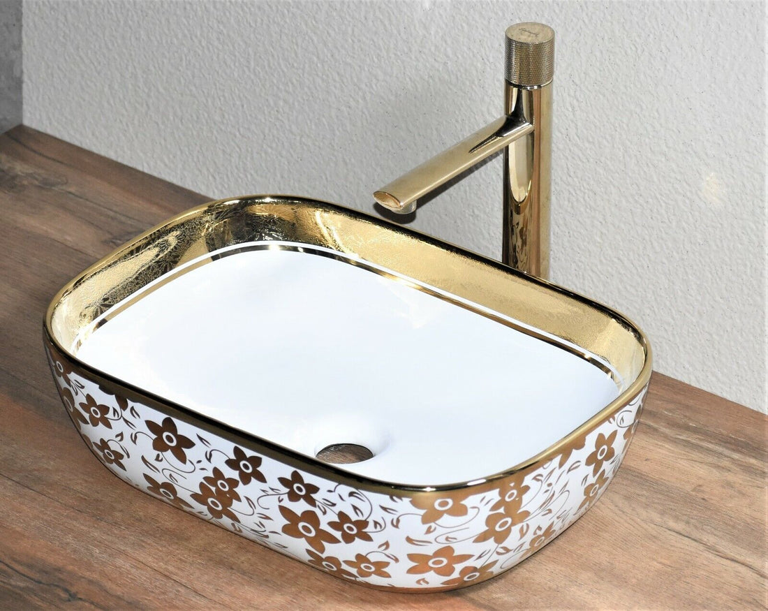 InArt Rectangle Bathroom Ceramic Vessel Sink Art Basin Gold White 46 x 33 CM - InArt-Studio-USA