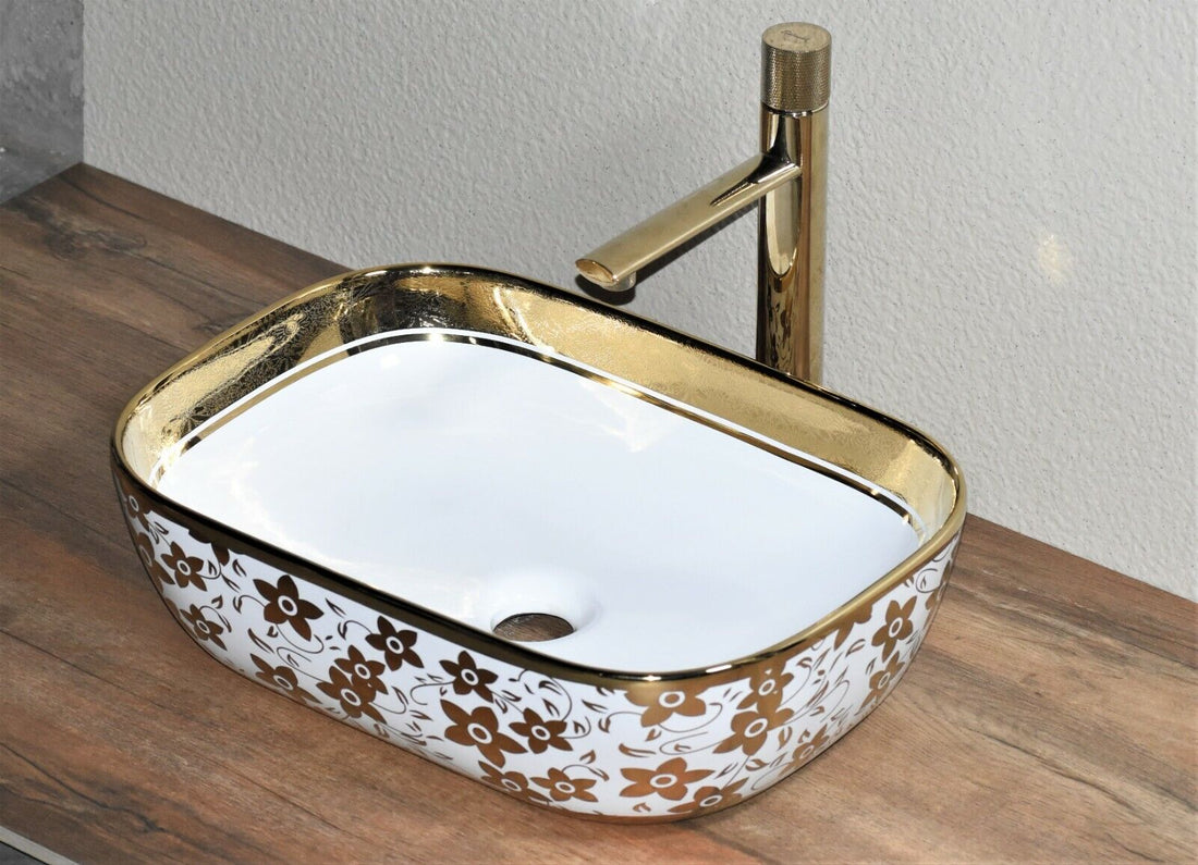 InArt Rectangle Bathroom Ceramic Vessel Sink Art Basin Gold White 46 x 33 CM - InArt-Studio-USA