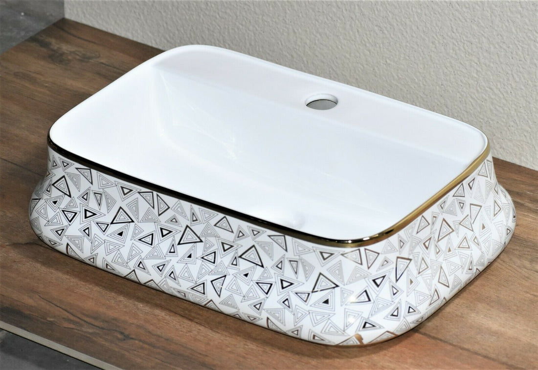 InArt Rectangle Bathroom Ceramic Vessel Sink Art Basin Gold White 52 x 36 CM - InArt-Studio-USA