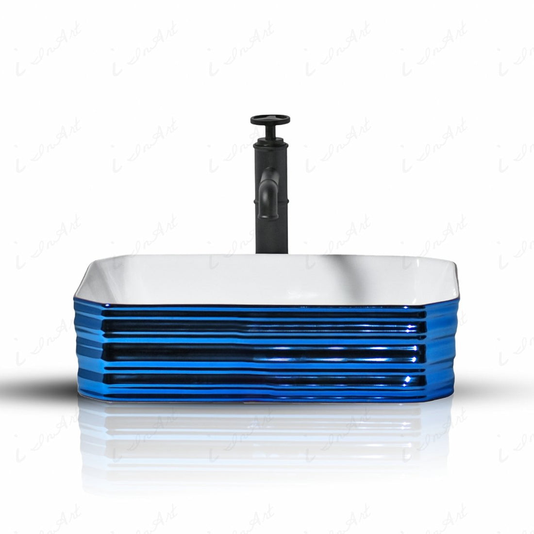 InArt Rectangle Bathroom Ceramic Vessel Sink Art Basin in Blue White Color - InArt-Studio-USA