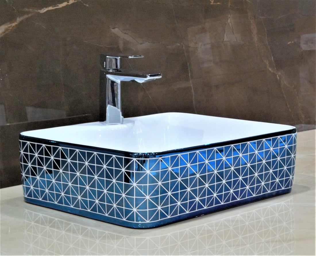 InArt Rectangle Bathroom Ceramic Vessel Sink Art Basin in Blue White Color - InArt-Studio-USA