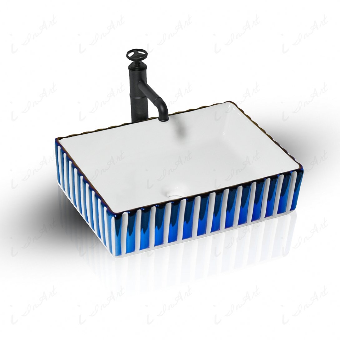 InArt Rectangle Bathroom Ceramic Vessel Sink Art Basin in Blue White Color - InArt-Studio-USA