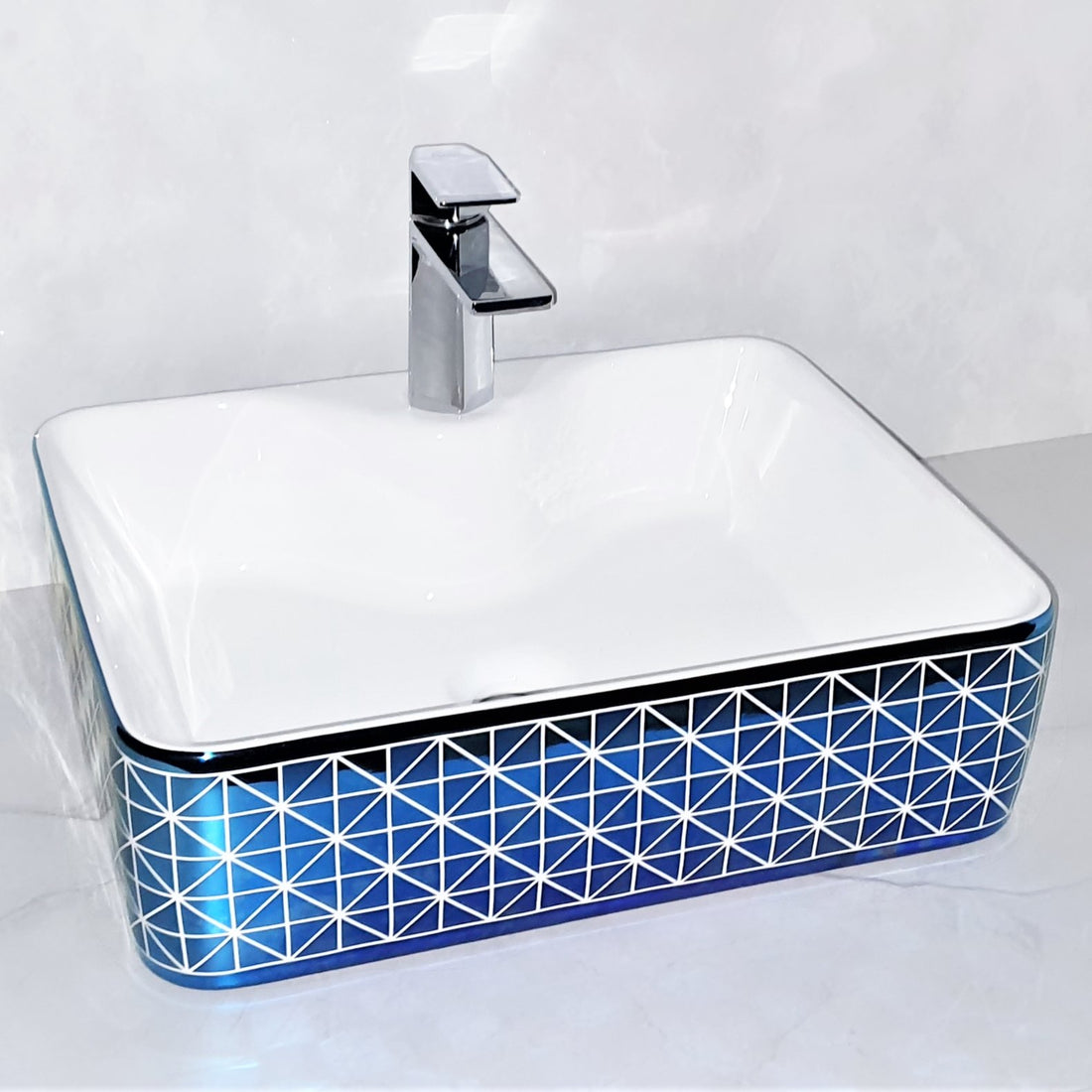 InArt Rectangle Bathroom Ceramic Vessel Sink Art Basin in Blue White Color - InArt-Studio-USA