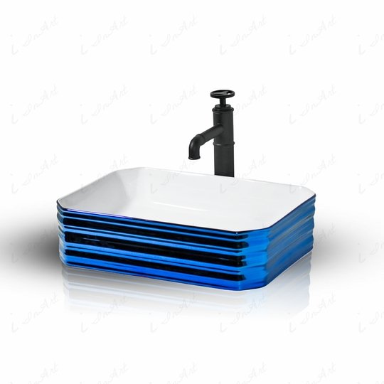 InArt Rectangle Bathroom Ceramic Vessel Sink Art Basin in Blue White Color - InArt-Studio-USA