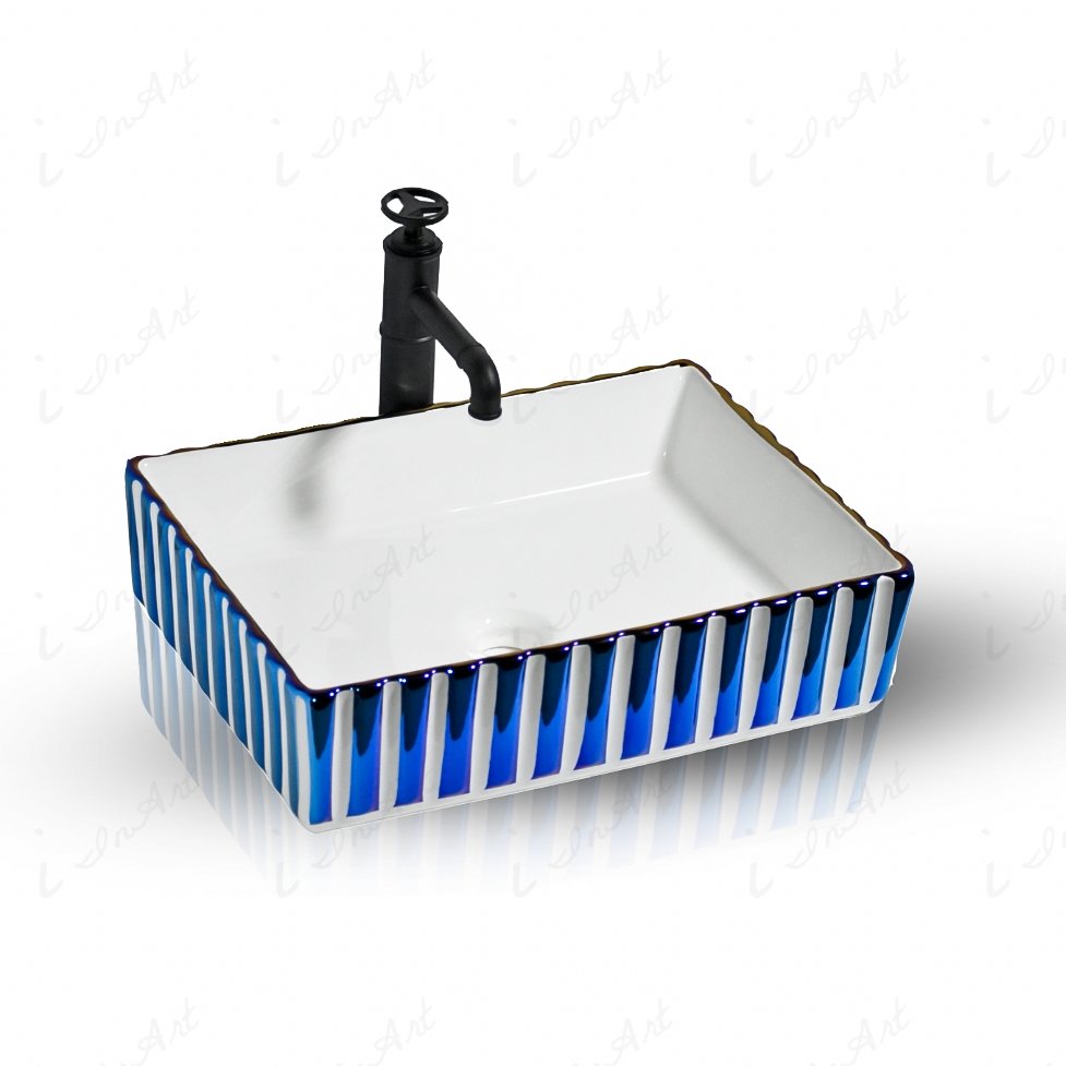 InArt Rectangle Bathroom Ceramic Vessel Sink Art Basin in Blue White Color - InArt-Studio-USA