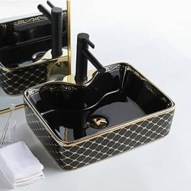 InArt Rectangle Bathroom Ceramic Vessel Sink Art Basin in Gold Black Color - InArt-Studio-USA