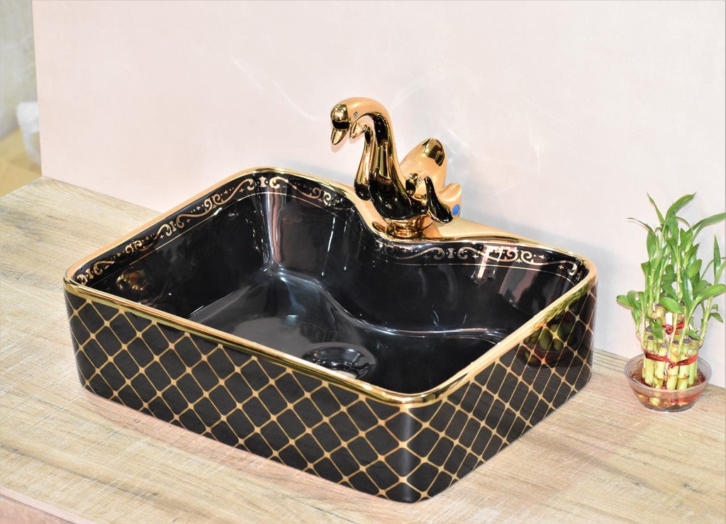 InArt Rectangle Bathroom Ceramic Vessel Sink Art Basin in Gold Black Color - InArt-Studio-USA