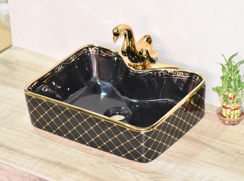 InArt Rectangle Bathroom Ceramic Vessel Sink Art Basin in Gold Black Color - InArt-Studio-USA